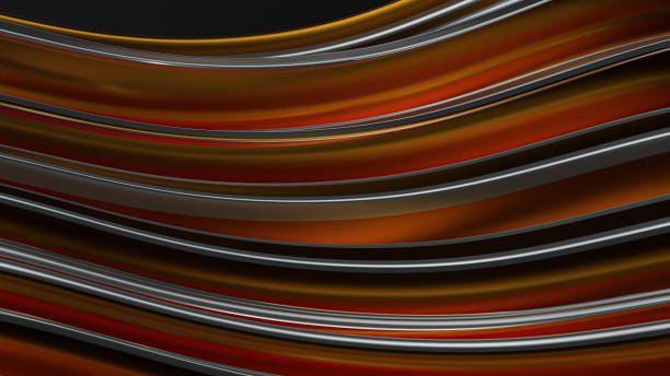 Modern art abstract background drawing with curves of silver lines on dark background with gold bands