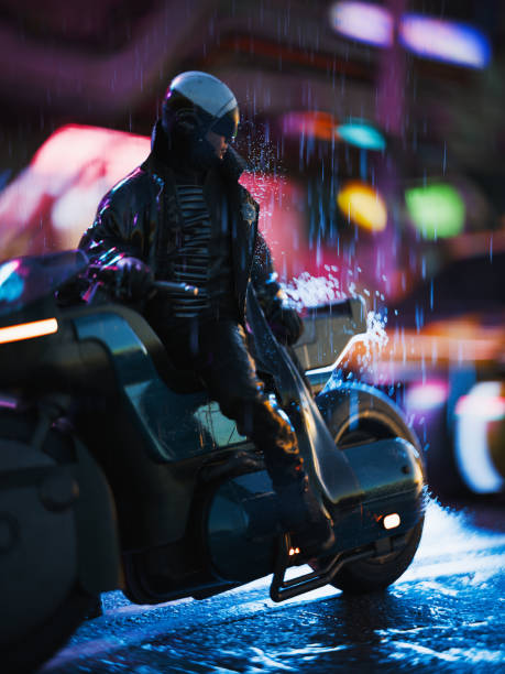 Cyberpunk police officer on a motorbike looking back at the traffic on the street on a rainy night (all objects in the scene are 3D)