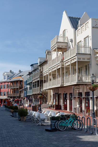 Rosemary Beach Florida local historical architecture on a sunny day downtown with rustic charm