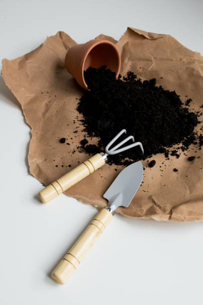 istock Brown paper with spilled soil and gardening tools on white background 2200921671