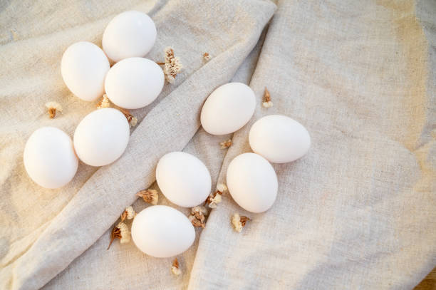 istock white eggs in a cardboard box, 10 pieces, on a surface made of natural materials. 2200924623