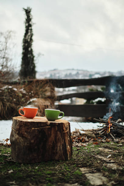 A cup of coffee on a stump and a fire surrounded by snow in the background. Winter camping concept.