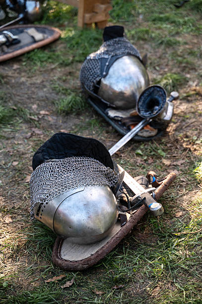 istock The knight's iron armor lies on the ground 2200928337