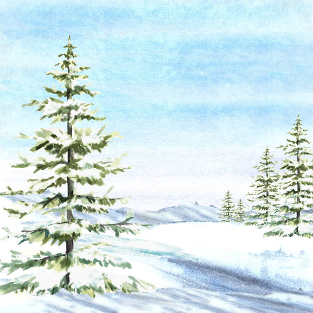 istock Watercolor Winter landscape with snow covered pine, fir tree. Snowy hills and blue sky. illustration 2200930010