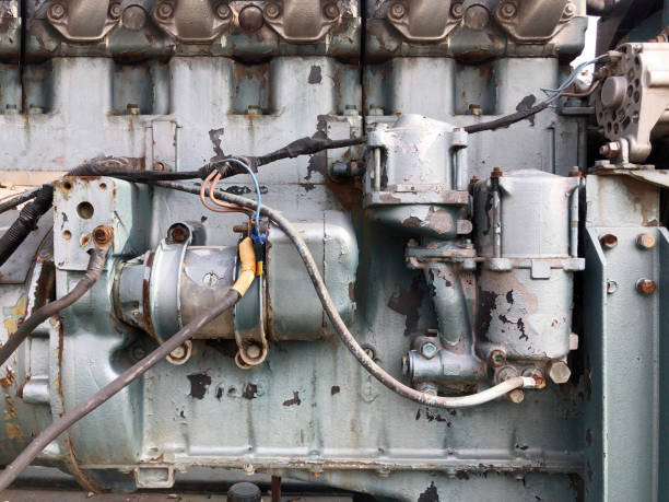 An old injector pump set of the old vintage gray engine of a generator.