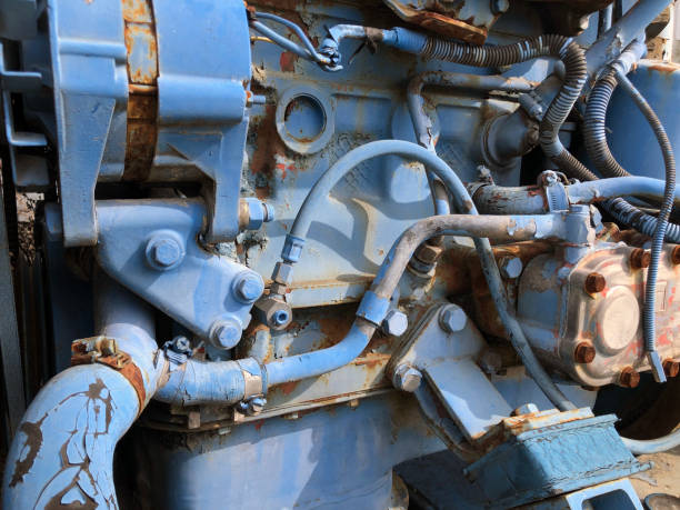 An old injector pump set of the old vintage blue engine of a generator.