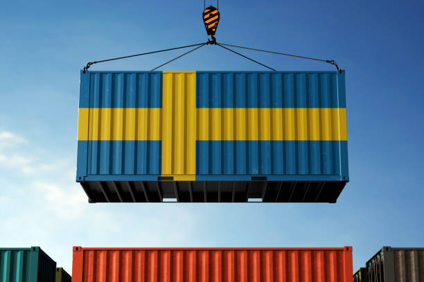 istock Sweden trade cargo container hanging against clouds background 2200959886