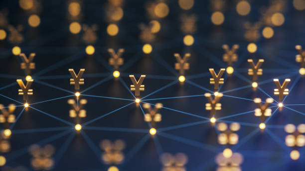 istock Yen Symbol and Connected Dots Futuristic digital background. Abstract connections technology and digital network. 3d illustration. 2200974228