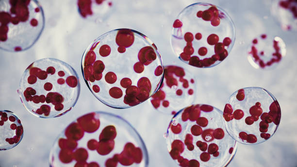 istock 3d rendering Flying Human cell or Stem cell on microscope background, Depth Of Field. 2200974659