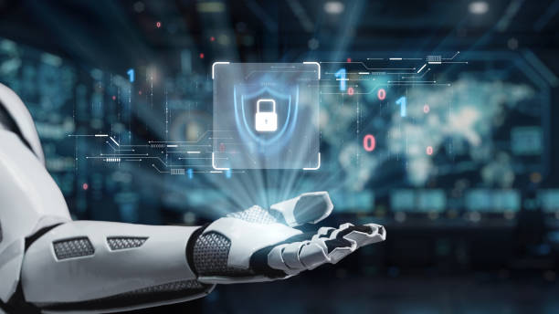 istock Futuristic Robot Hand Projecting Digital Security Shield Icon on Background of Data and Technology Interface in Modern Cybersecurity Concept. Auvana 2200981283