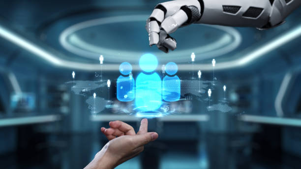 istock Futuristic Robotic Hand Interacting with Virtual Human Figures in a Modern Digital Environment. Auvana 2200981542