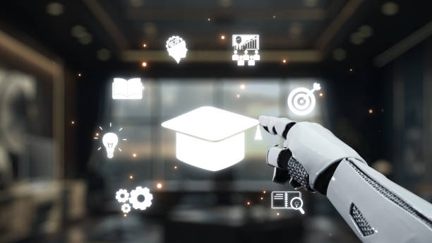 istock Futuristic Robotic Hand Pointing at Educational Icons in a Modern Office Setting with Blurred Background. Auvana 2200981645