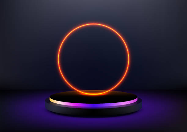 istock vibrant neon orange circle on 3d black platform with purple yellow base modern technology concept 2200984527