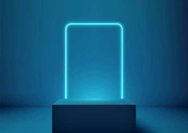 istock neon blue glowing frame on sleek pedestal, modern technology concept for product display and showcase 2200984528
