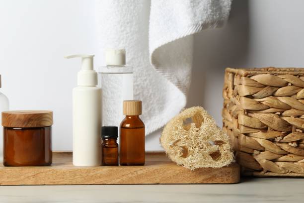 istock Different bath accessories and personal care products on light table 2200986525