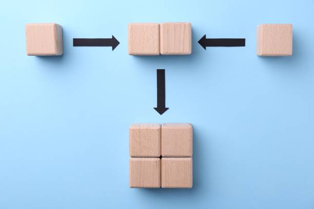 istock Business process organization and optimization. Scheme with wooden figures and arrows on light blue background, top view 2200991697