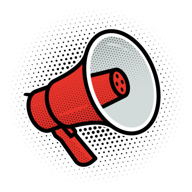 Megaphone sign with outline, red colour, dotted shadows in vector. Retro Megaphone Design Clipart, Promotion, Publication or Advertising Related Design Element.