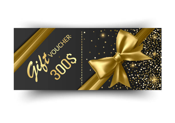 istock Golden voucher or gift card, gold certificate for discount. Set of isolated template for present coupon with ribbon and bow 2201002020