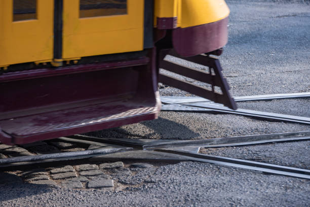 rails for Lisbon's characteristic trams in the road; Lisbon, Portugal