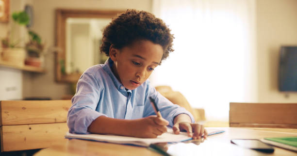 istock Writing, education and child with homework, home and boy with info, serious and studying for exam. Desk, growth and development of African kid, knowledge and preparing for test with notebook in house 2201017546