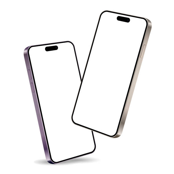 istock Two smartphones mockup with blank screens while levitating in the air on a white background 2201018336