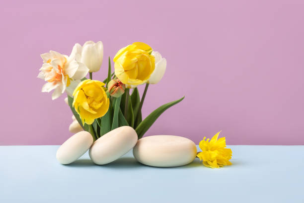 istock Wood slice podium with spring flowers 2201023939