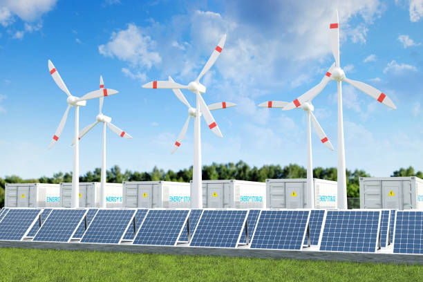 istock Wind turbine with solar panels and energy storage. Renewable energy concept 2201024833