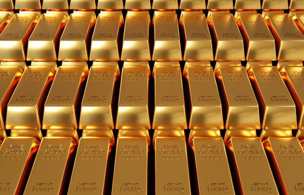 Stacks of gold bars imprinted with unique serial numbers. Illustration of the concept of wealth and gold reserves by central banks