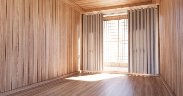 istock Empty scene Tiles wooden wall design on mini bathroom. 3D illustration rendering 2201042633