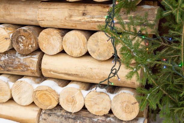 istock Stacked sawn wood logs. Harvested for heating in winter. 2201042919
