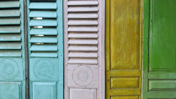 istock Detailed close up shot showing colorful shutters and doors patterns 2201048191