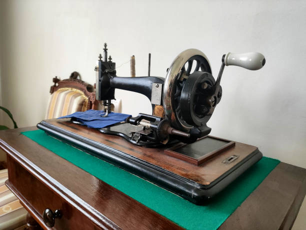 istock Old antique sewing machine, museum exhibit, close-up 2201053789
