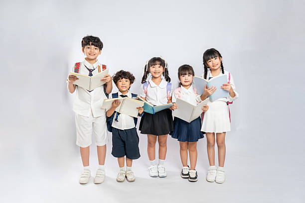 group image of cute asian kids posing on white background