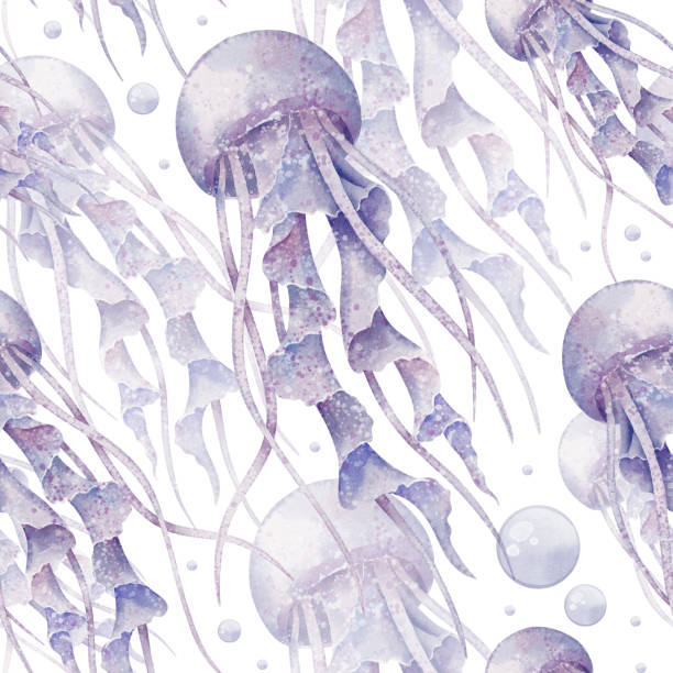 Seamless watercolor Pattern featuring Jellyfish drifting in an underwater setting. Illustration of marine animal in pastel colors for bed linen or childish wallpaper. Ornament of marine fish Seamless watercolor Pattern featuring Jellyfish drifting in an underwater setting. Illustration of marine animal in pastel colors for bed linen or childish wallpaper. Ornament of marine fish. jellyfishes pictures stock illustrations