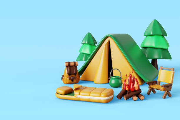 istock 3d summer camp with tent, sleeping bag, backpack, chair, bonfire and bowler. Render cartoon landscape with forest and campsite. Equipment for travel, hiking and activity vacation 2201075669