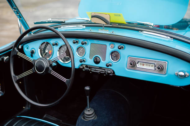 istock Vintage Car Dashboard with Classic Steering Wheel and Retro Controls 2201078184
