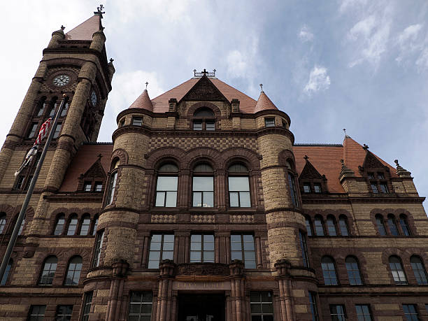 Cincinnati, Ohio - April 10, 2023:  Music Hall building in Washington Park Over-The-Rhine neighbourhood.  The city’s symphony orchestra plays at the grand Cincinnati Music Hall, and Washington Park is popular for its fountains and festivals.