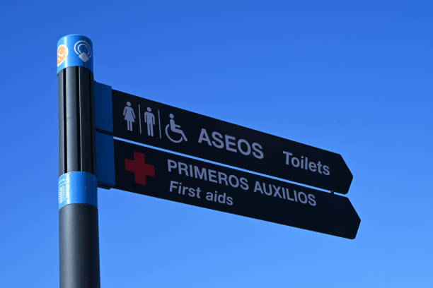 istock Signs indicating toilets and a first aid station 2201083991