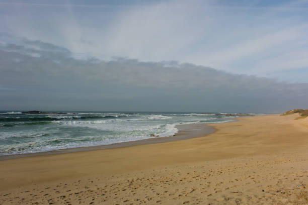 istock Ocean waves crashing on sandy beach under cloudy sky 2201084288