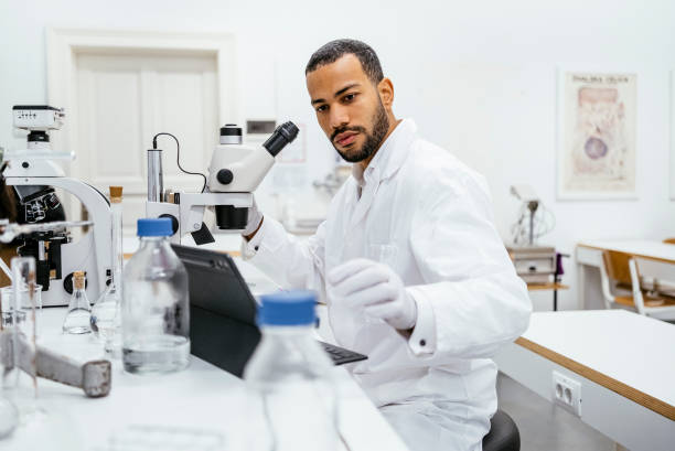Free picture: man, sitting, laboratory, microscope, scientific research ...