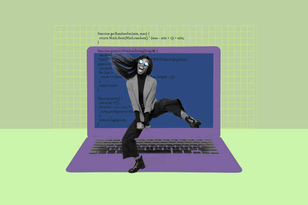 istock Composite photo collage of happy american girl dance macbook digital code text it programmer worker software isolated on painted background 2201091127