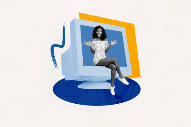 istock Composite artwork collage of blue color old computer monitor retro technology young lady model dark skin sit in display show hands posing 2201091134