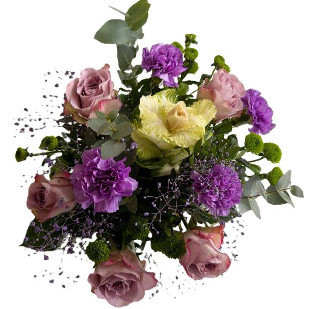 A stunning bouquet featuring delicate roses and vibrant carnations, beautifully arranged in soft natural light. Perfect for themes of romance, celebration, and floral elegance