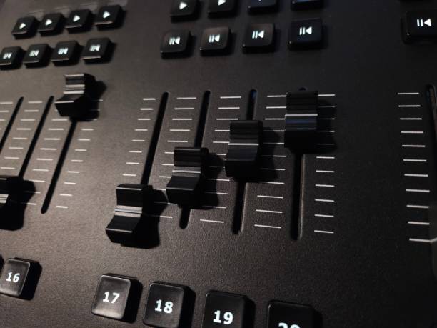 istock Close-up view of a lighting mixer with several faders and numbered buttons. 2201097762