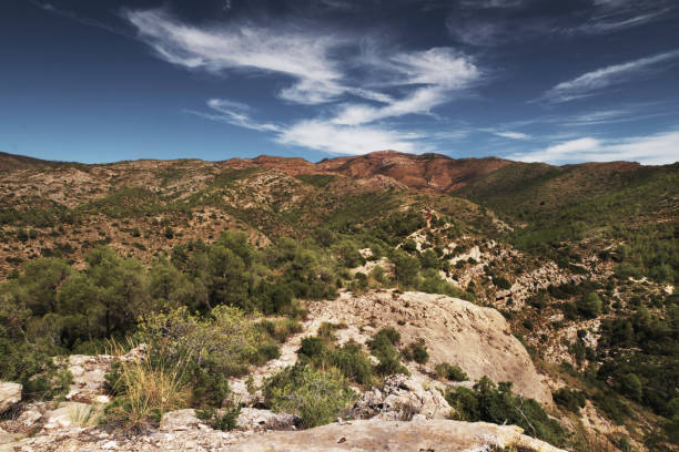 A rocky cliff landscape overlooking a lush green valley and an extensive view of the sky