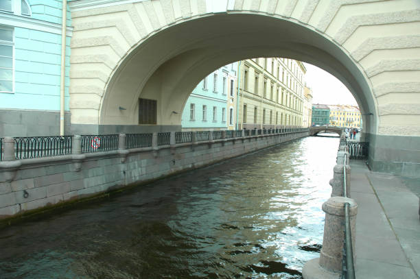 Hermitage Bridge Canal at night Saint Petersburg Russia.  Frozen Canal and Xmas lights. Russian Xmas 2022