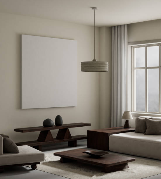 istock living room interior mock up with modern furnitures. Poster frame mock up in modern interior design. 3D illustration 2201099962