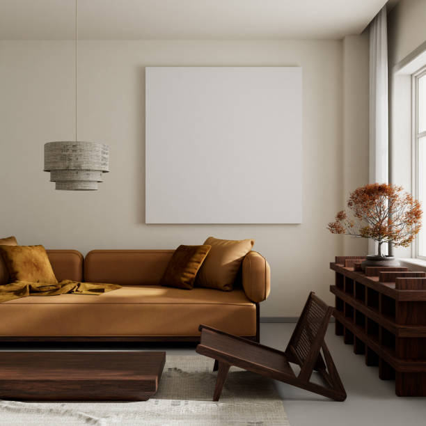 istock living room interior mock up with modern furnitures. Poster frame mock up in modern interior design. 3D illustration 2201099982