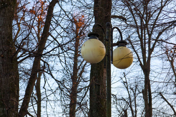 Two round lamps, resembling balls, hang on a metal pole among trees with bare branches. The lamps have frosted glass and metal fastenings.