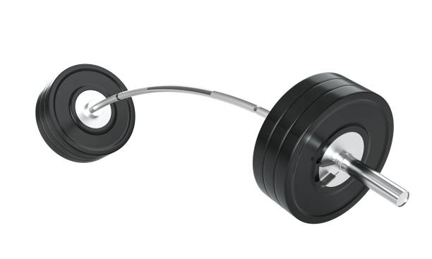 istock Curved weightlifting barbell with black weights on white background 2201101777